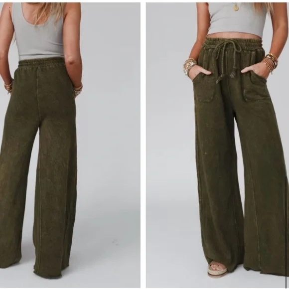 EASEL Wide-leg French terry lounge pants olive green NWT - Picture 3 of 8